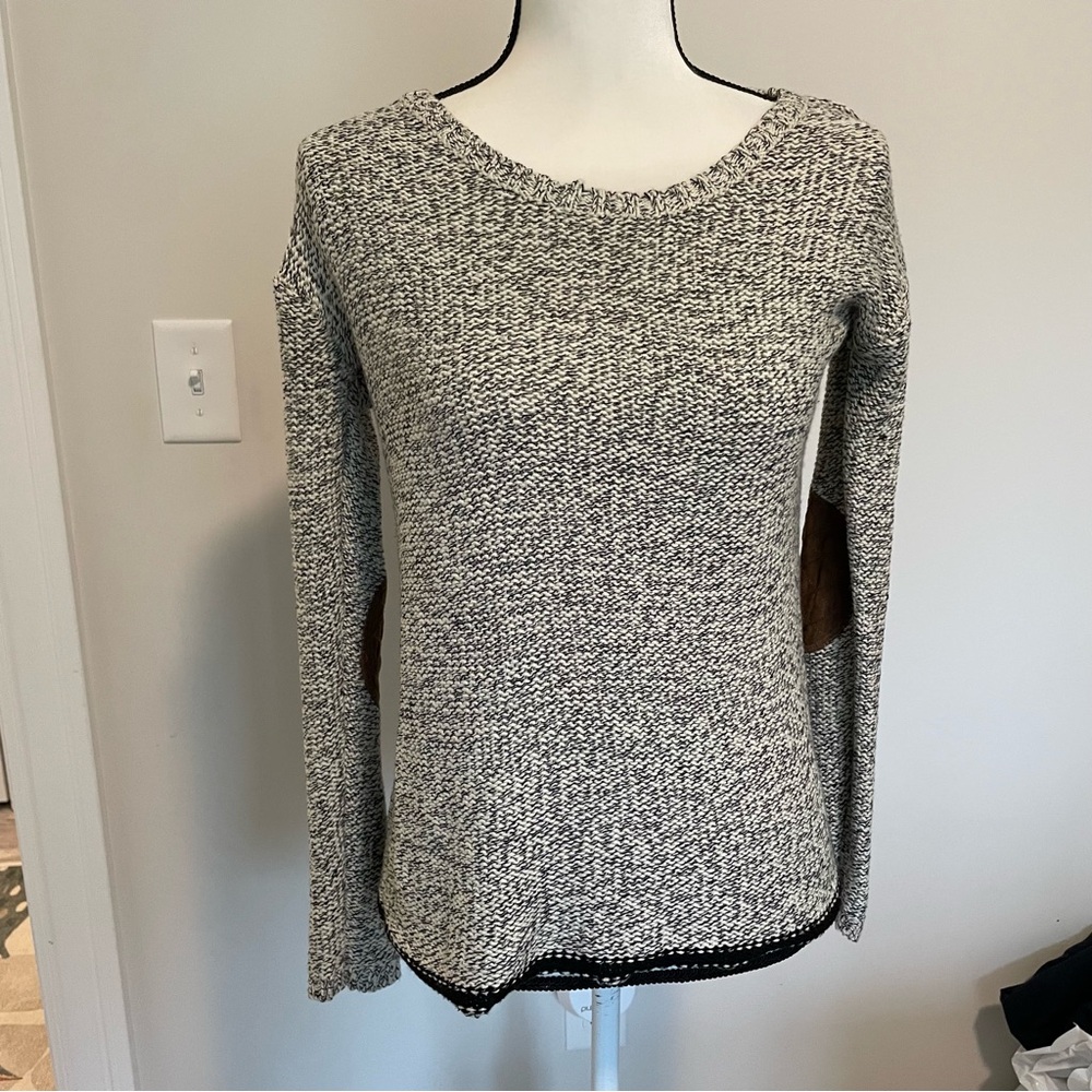Alya Black and Cream Marled Knit Sweater with elbow patches